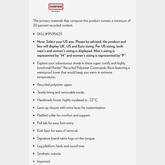 NIB Hunter Recycled Poly Commando Boots Waterproof Insulated 8 39 - Picture 11 of 12